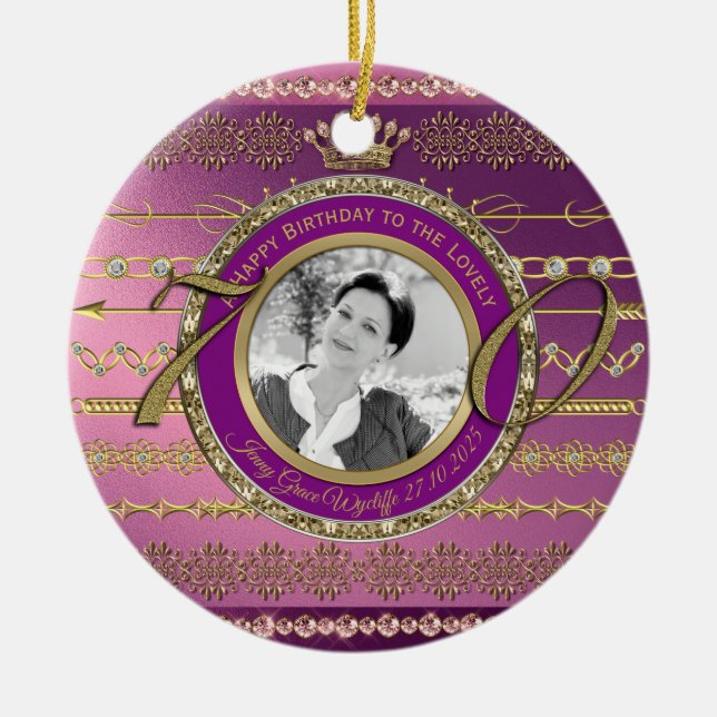 Photo 70th Birthday Gold Crown Diamonds Frame Ceramic Ornament (Front)