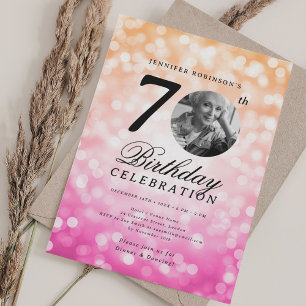 Photo 70th Birthday Orange Pink Ombre Bokeh Invitation