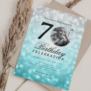 Photo 70th Birthday Silver Teal Ombre Bokeh Invitation