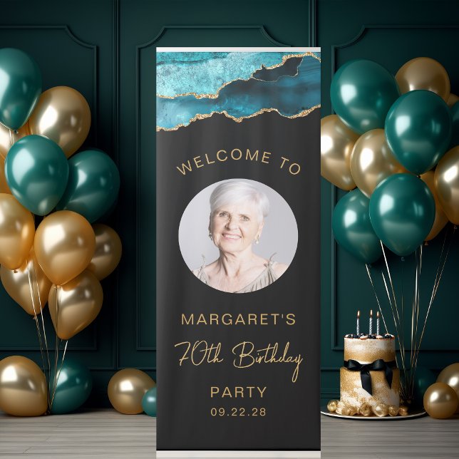Photo 70th Birthday Teal Gold Agate Black Retractable Banner (Creator Uploaded)