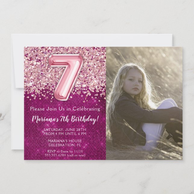 Photo 7th Girly Magenta Pink Glitter Birthday Invitation (Front)
