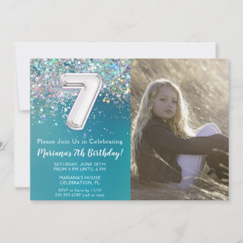 Photo 7th Teal Silver Glitter Birthday Invitation