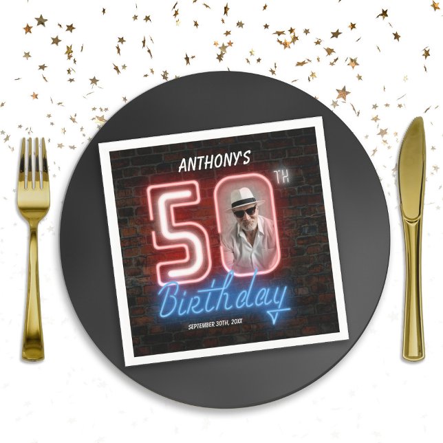 Photo 80s Retro Neon Sign 50th Birthday Party  Napkins (50th Birthday 80s Retro Neon Sign Party Photo Napkins
)