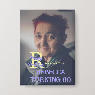 Photo 80th birthday add name date modern purple ye button