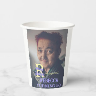 Photo 80th birthday add name date modern purple ye paper cups