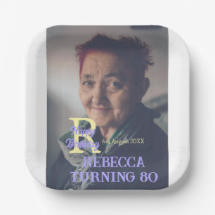 Photo 80th birthday add name date modern purple ye paper plates