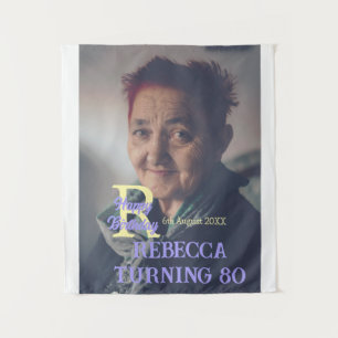 Photo 80th birthday add name date modern purple ye tapestry