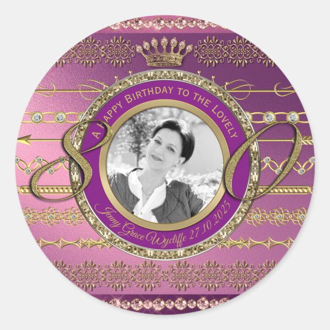 Photo 80th Birthday Gold Crown Diamonds Frame Classic Round Sticker (Front)