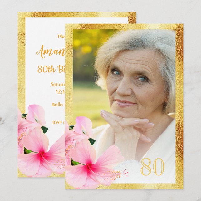 Photo 80th birthday party tropical floral white invitation (Front/Back)