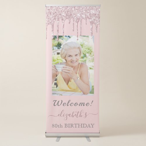 Photo 80th birthday rose gold pink glitter drips retractable banner