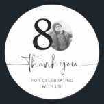 Photo 80th Birthday Thank You Classic Round Sticker<br><div class="desc">Add a personal touch to your party favors with this customizable 80th birthday sticker! Designed to make your milestone celebration extra special, this sticker allows you to add your own photo and personalize the text for a unique keepsake. Perfect for attaching to party favors, gift bags, or thank-you gifts, this...</div>