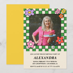 Photo 81st birthday invitation Retro Groovy Floral
