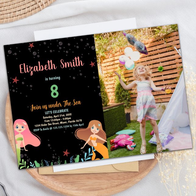 Photo 8th Black Mermaid Birthday Invitations (Photo 8th Black Mermaid Birthday Invitations)