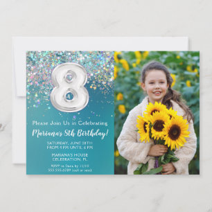 Photo 8th Teal Silver Glitter Birthday Invitation