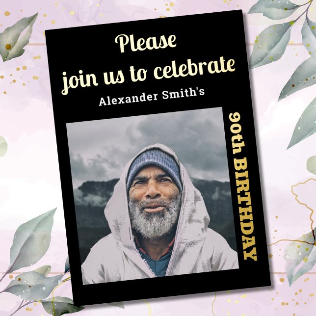 Photo 90th Birthday Black Gold Foil Invitation (Creator Uploaded)