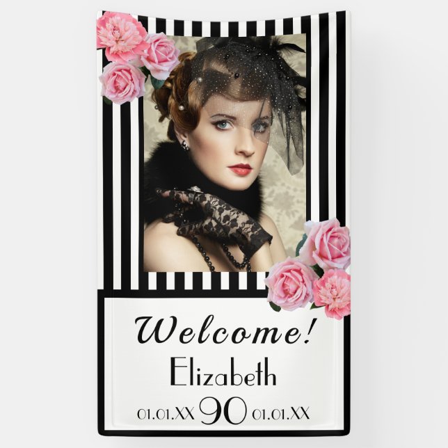 Photo 90th birthday black white stripes florals banner (Vertical)