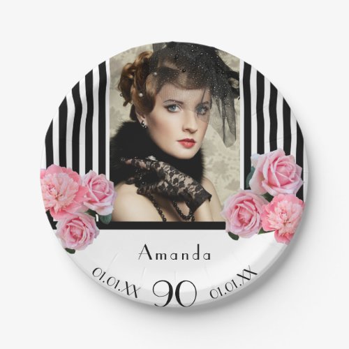 Photo 90th birthday black white stripes florals paper plates