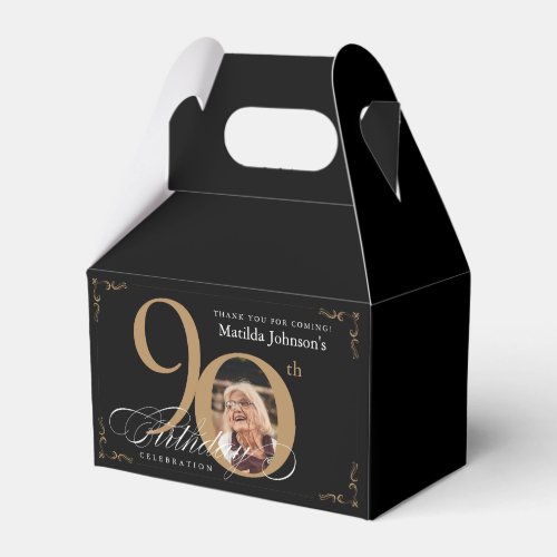 Photo 90th Birthday Gold Black Calligraphy Custom Favor Boxes