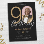 Photo 90th Birthday Gold Black Elegant Custom Invitation<br><div class="desc">Photo 90th Birthday Gold Black Elegant Custom Invitation. Elevate your milestone celebration with an invitation design that epitomizes understated elegance and chic minimalism. Our black and gold theme exudes sophistication, creating a refined atmosphere for your special day. The custom photo feature adds a personalized touch, ensuring that each invitation is...</div>