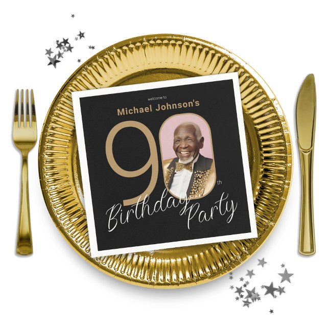 Photo 90th Birthday Gold Black Elegant Custom Napkins (Photo 90th Birthday Gold Black Elegant Custom Napkins)
