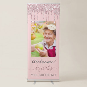 Photo 90th birthday rose gold pink glitter drips retractable banner