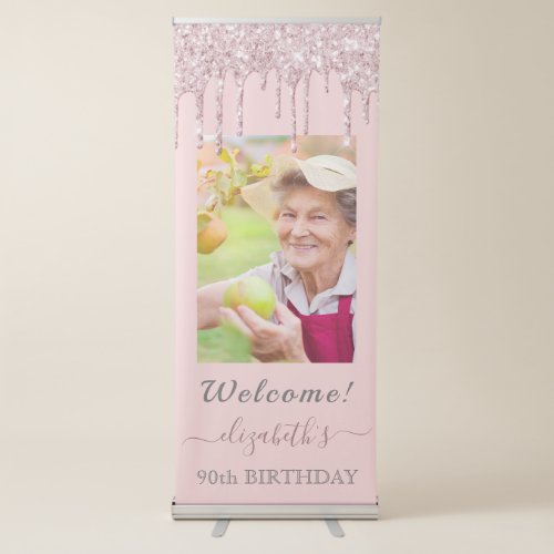 Photo 90th birthday rose gold pink glitter drips retractable banner