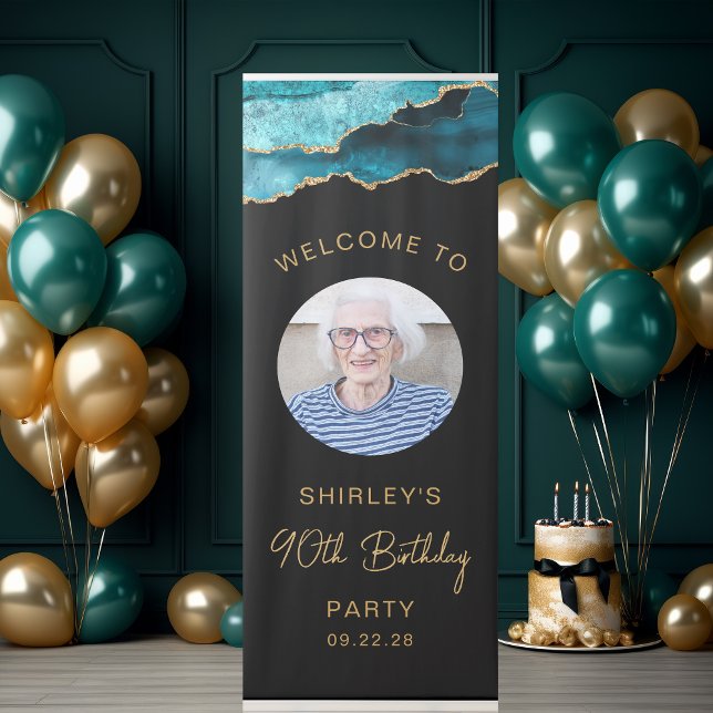 Photo 90th Birthday Teal Gold Agate Black Retractable Banner (Creator Uploaded)