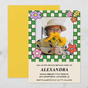 Photo 91st birthday invitation Retro Groovy Floral