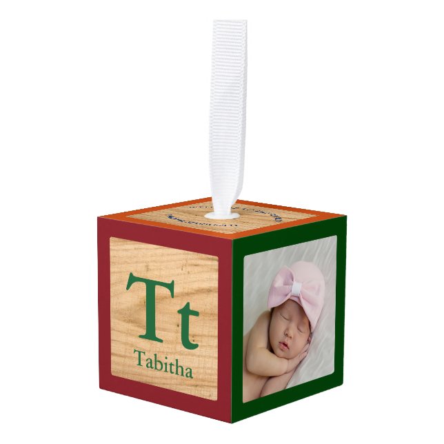Photo ABC Blocks Birth Stats Keepsake Cube Ornament (Front Angled)