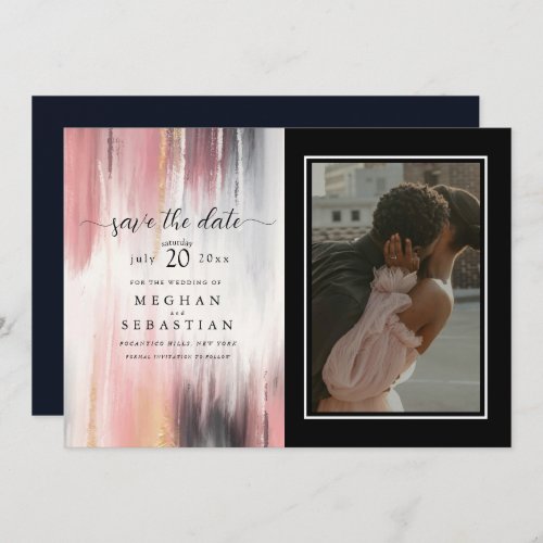 Photo Abstract Brush Strokes Blush Gold Charcoal  Save The Date