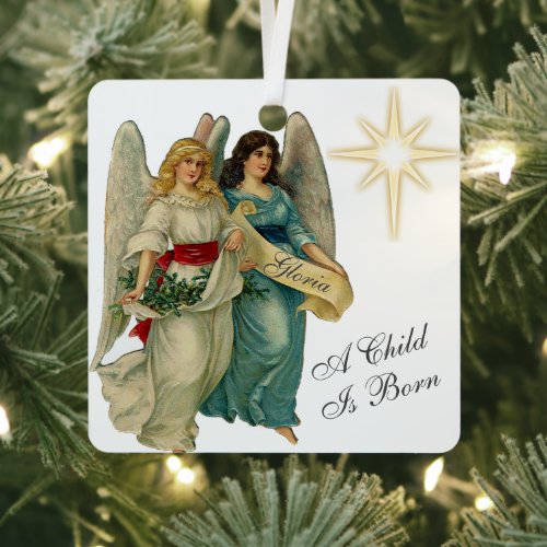 Photo Add Name Vintage Angels &amp; Christmas Star  Metal Ornament