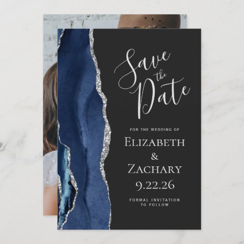 Photo Agate Blue Silver Dark Save the Date Invitation