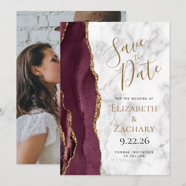 Photo Agate Burgundy Gold Marble Save the Date Invitation (Front/Back)