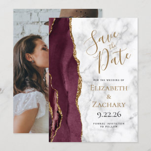 Photo Agate Burgundy Gold Marble Save the Date Invitation