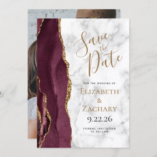 Photo Agate Burgundy Gold Marble Save the Date Invitation
