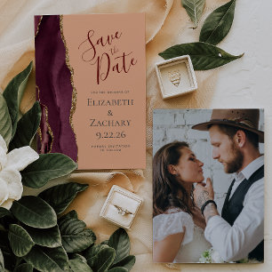 Photo Agate Burgundy Gold Peach Save the Date Card