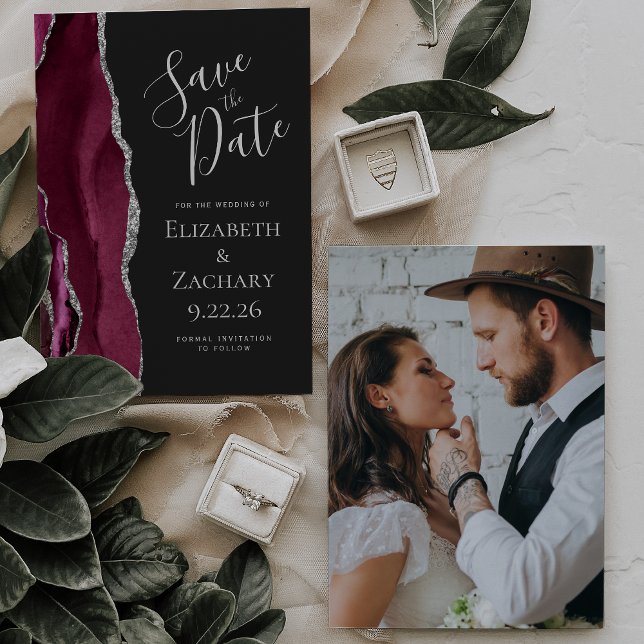 Photo Agate Burgundy Silver Dark Save the Date (Creator Uploaded)