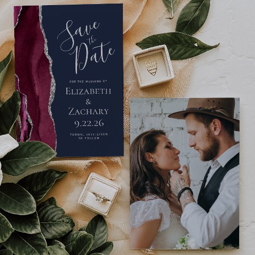 Photo Agate Burgundy Silver Navy Save the Date
