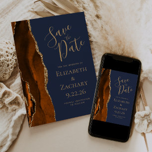 Photo Agate Burnt Orange Navy Blue Save the Date Invitation
