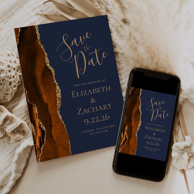 Photo Agate Burnt Orange Navy Blue Save the Date Invitation (Creator Uploaded)