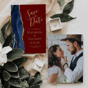 Photo Agate Navy Blue Gold Burgundy Save the Date Invitation