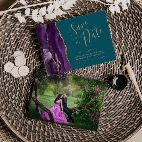 Photo Agate Purple Gold Teal Save the Date
