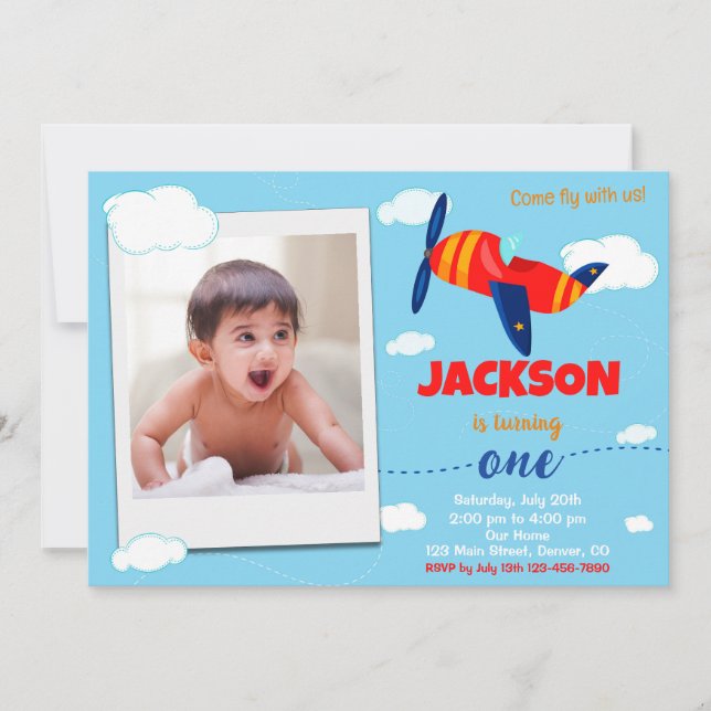 Photo airplane birthday invitation Pilot party (Front)