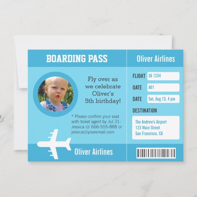 Photo Airplane Boarding Pass Birthday Party Invitation (Front)