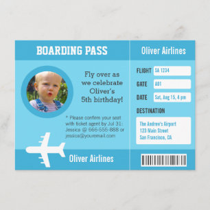 Photo Airplane Boarding Pass Birthday Party Invitation