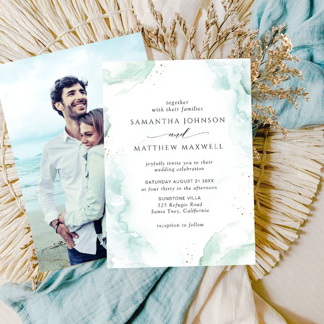 Photo, Airy Blue Turquoise Watercolor Wedding Invitation (Creator Uploaded)