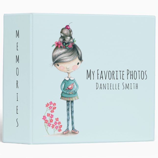 Photo Album Cute Boho Girl With Bird 3 Ring Binder (Front/Spine)