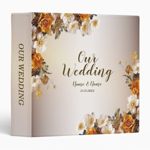 Photo Album Wedding Golden Orange White Flowers 3 Ring Binder