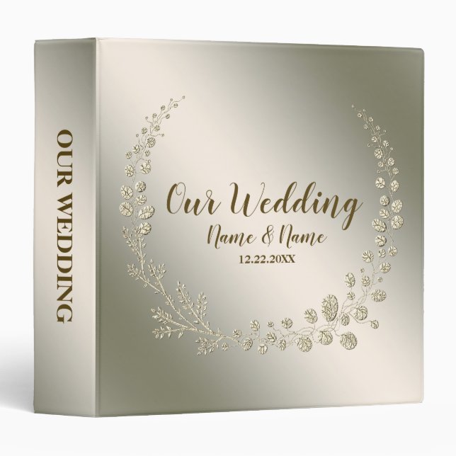 Photo Album Wedding Party Golden Floral Leaves 3 Ring Binder (Front/Spine)