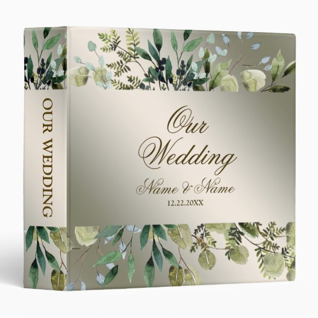 Photo Album Wedding Party Green Leaves Golden 3 Ring Binder (Front/Spine)